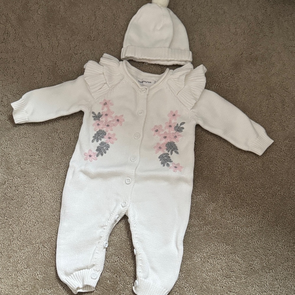 White Knit Floral One-Piece with Hat - Baby Girls